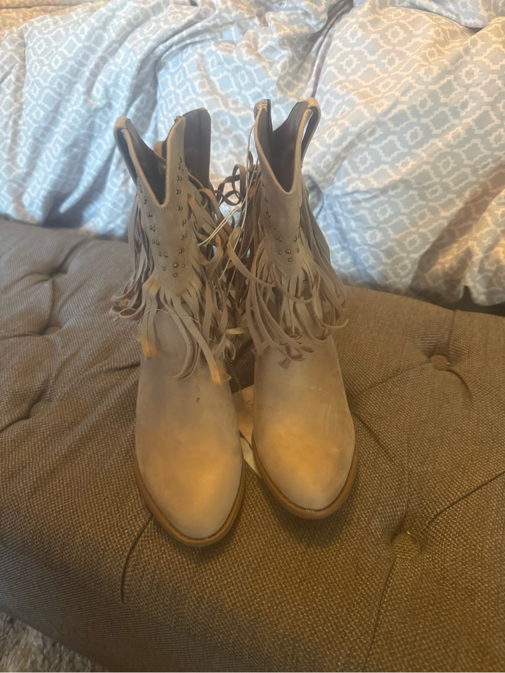 Brand New Fringe Suede Ankle Booties in Taupe